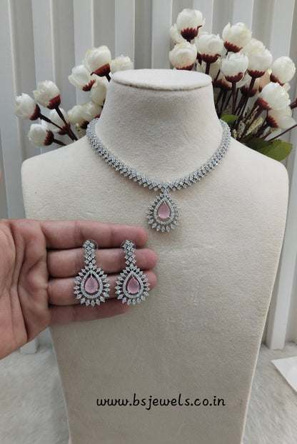 Pink Silver CZ Necklace Jewellery Polard Set