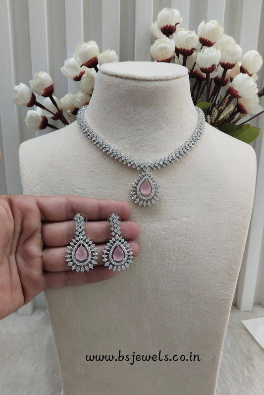 Pink Silver CZ Necklace Jewellery Polard Set
