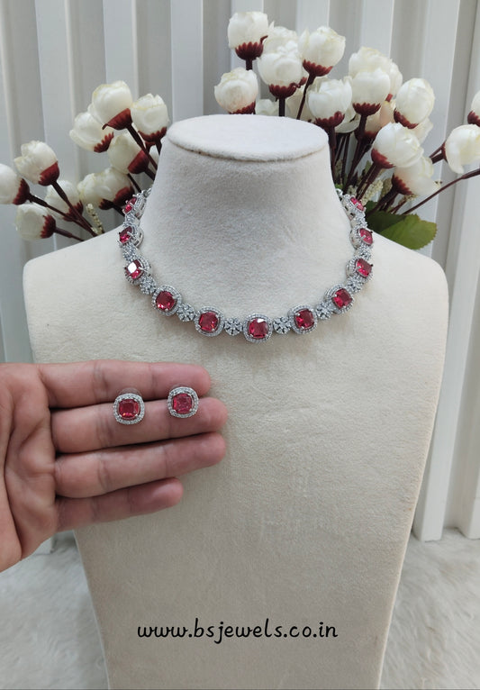Ruby Silver CZ Necklace Jewellery Kavin Set