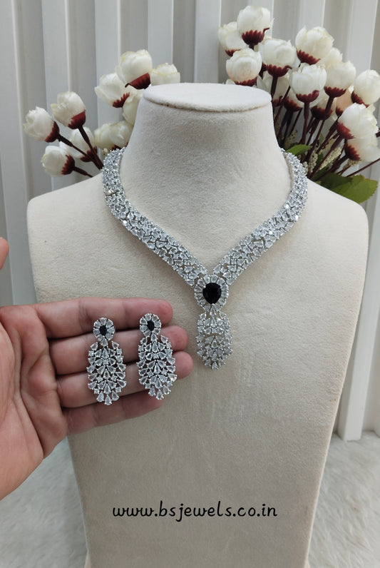 Black Silver CZ Necklace Jewellery Lasit Set