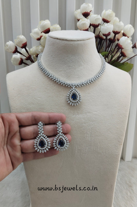Blue Silver CZ Necklace Jewellery Polard Set