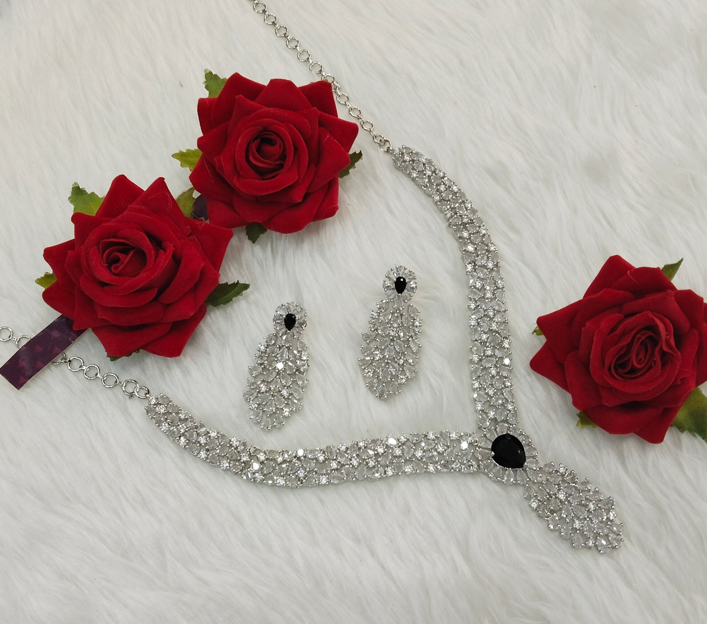 Black Silver CZ Necklace Jewellery Lasit Set