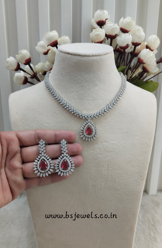Ruby Silver CZ Necklace Jewellery Polard Set