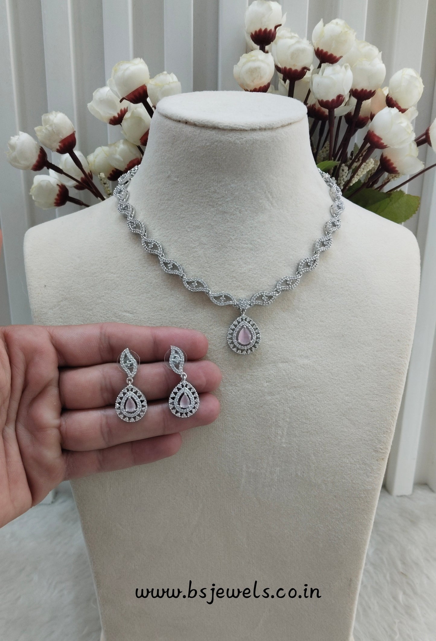 Pink Silver CZ Necklace Jewellery Malinga Set