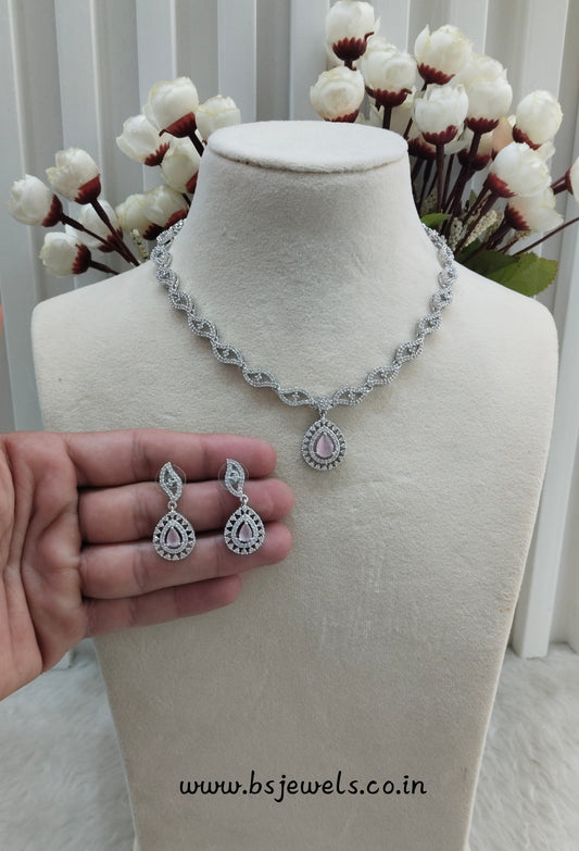 Pink Silver CZ Necklace Jewellery Malinga Set