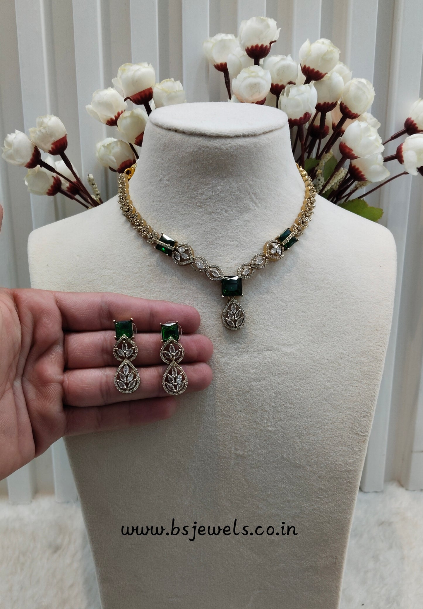 Green Antique Gold CZ Necklace Jewellery Peterson Set