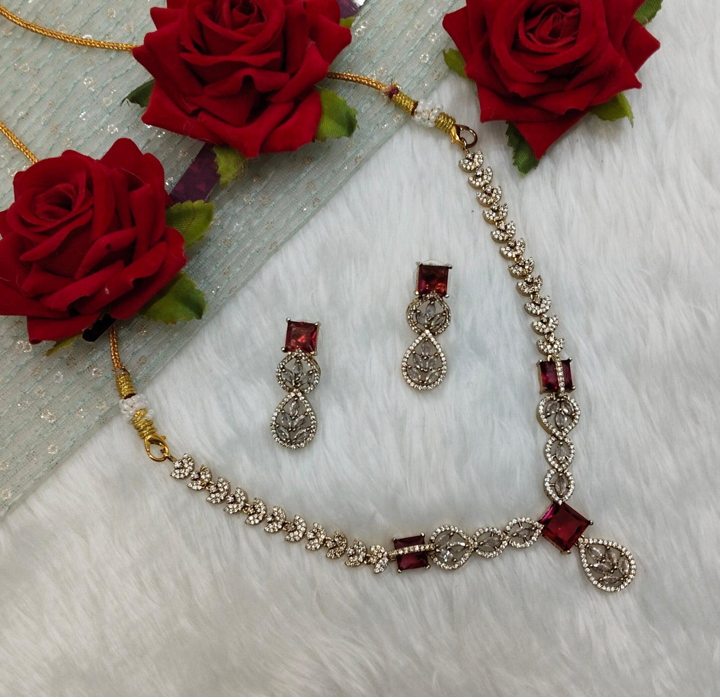 Ruby Antique Gold CZ Necklace Jewellery Peterson Set