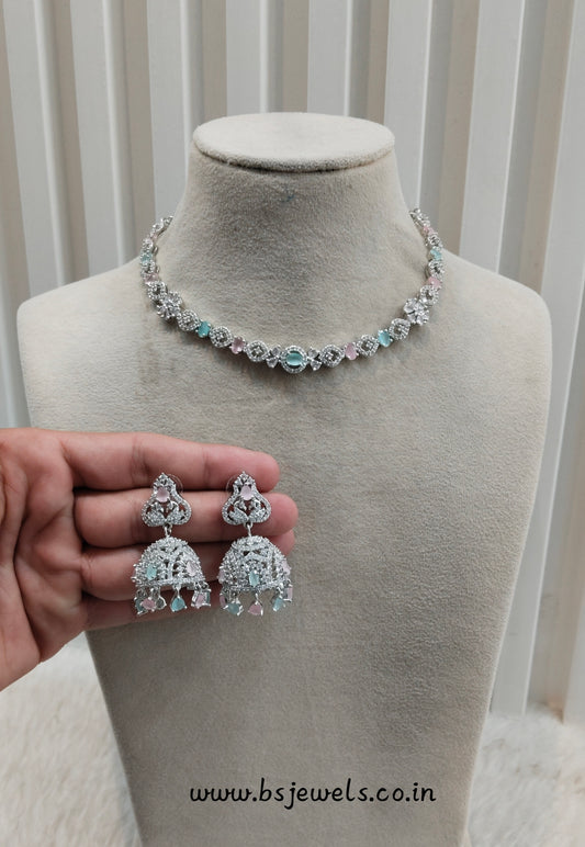 Mint Pink Silver CZ Necklace Jewellery Jaysurya Set