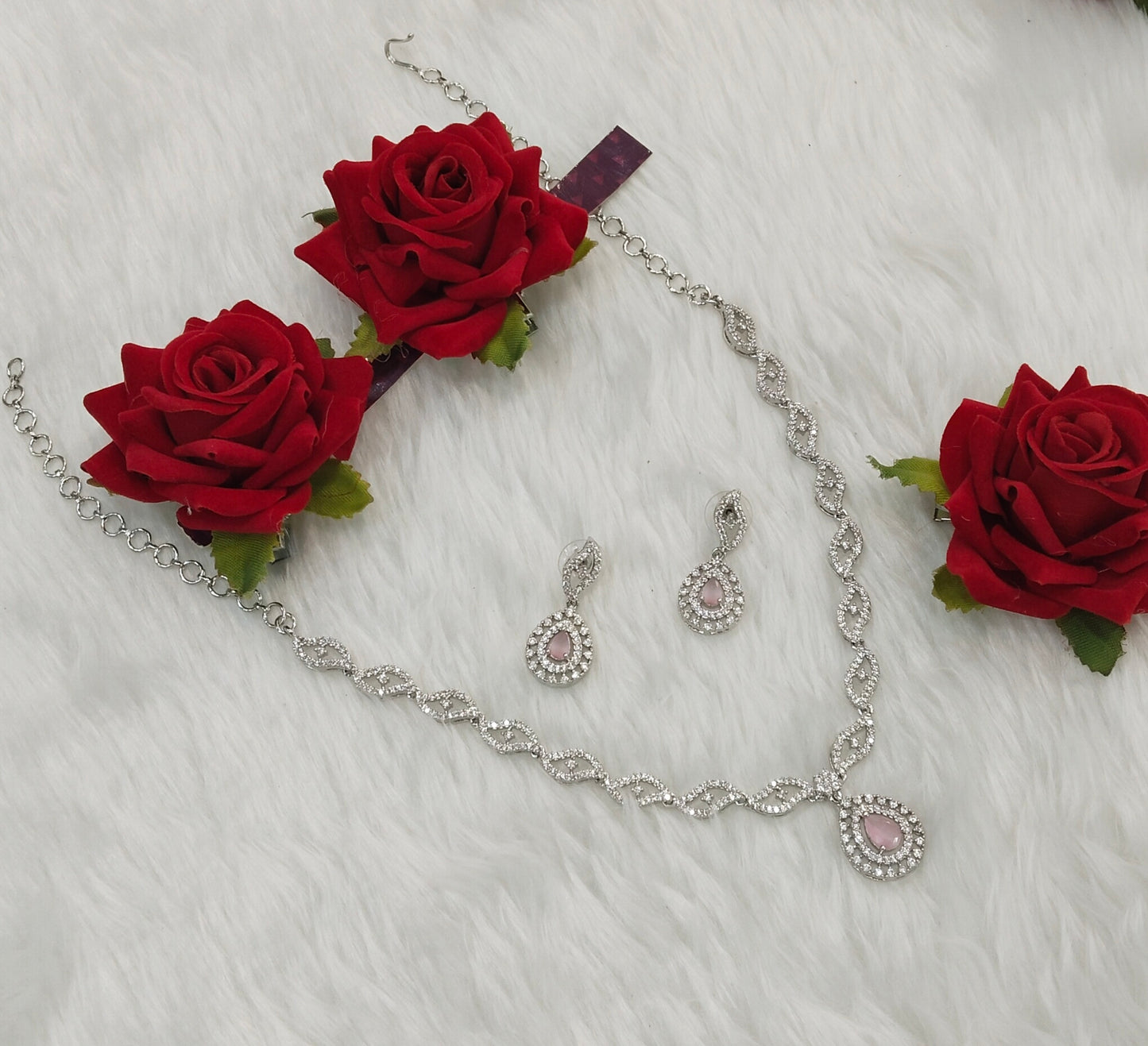 Pink Silver CZ Necklace Jewellery Malinga Set