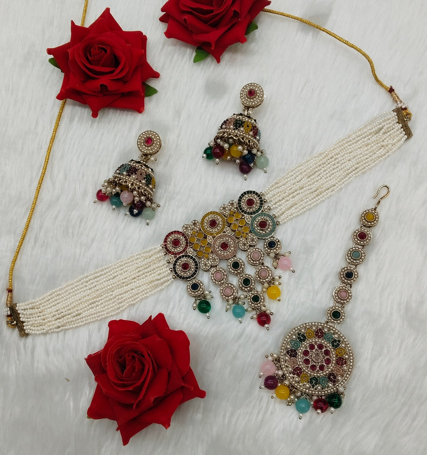 Multi Color Antique Gold Choker Jewellery Babli Set