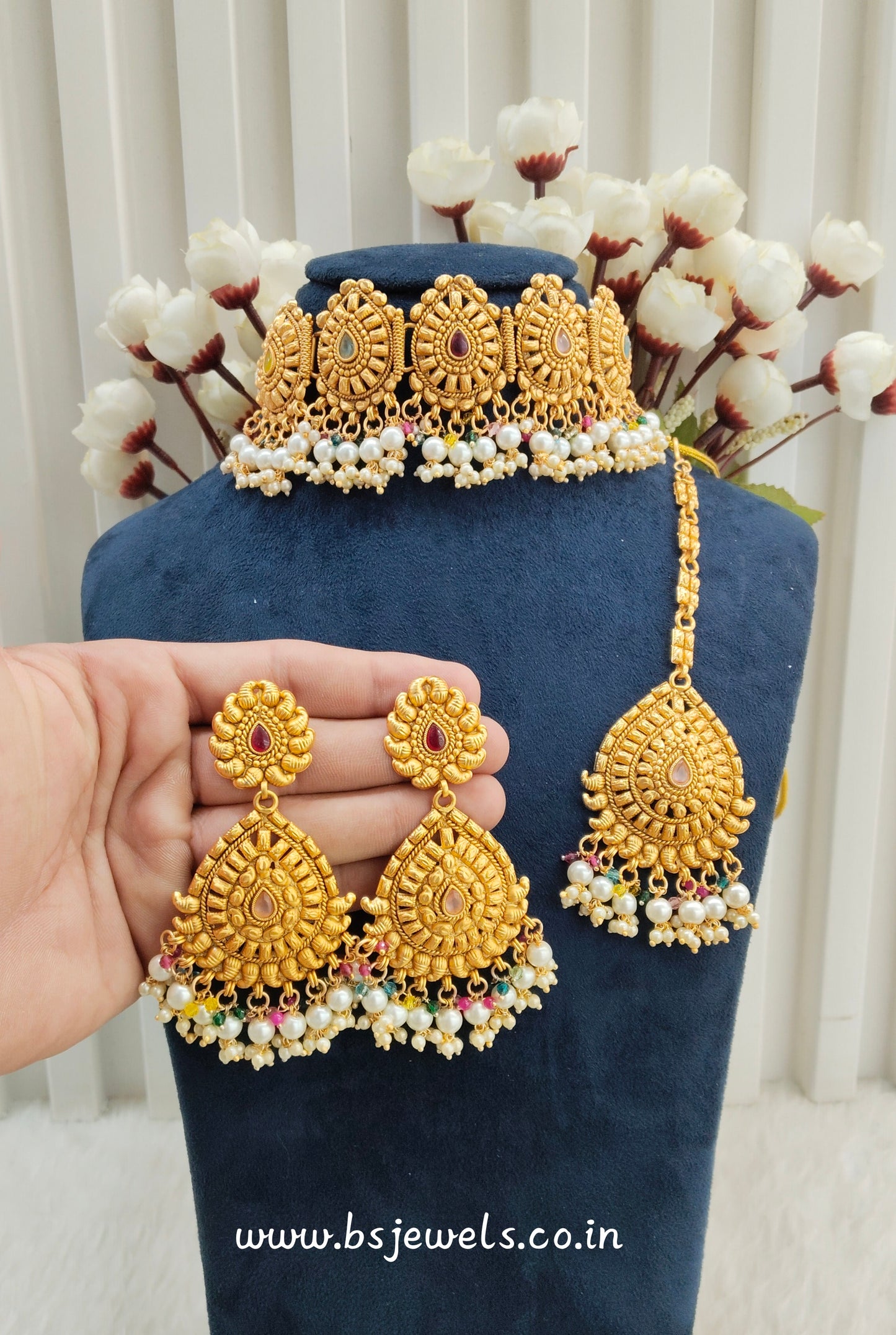 Multi Color Gold Polki Punjabi Choker Birpal set