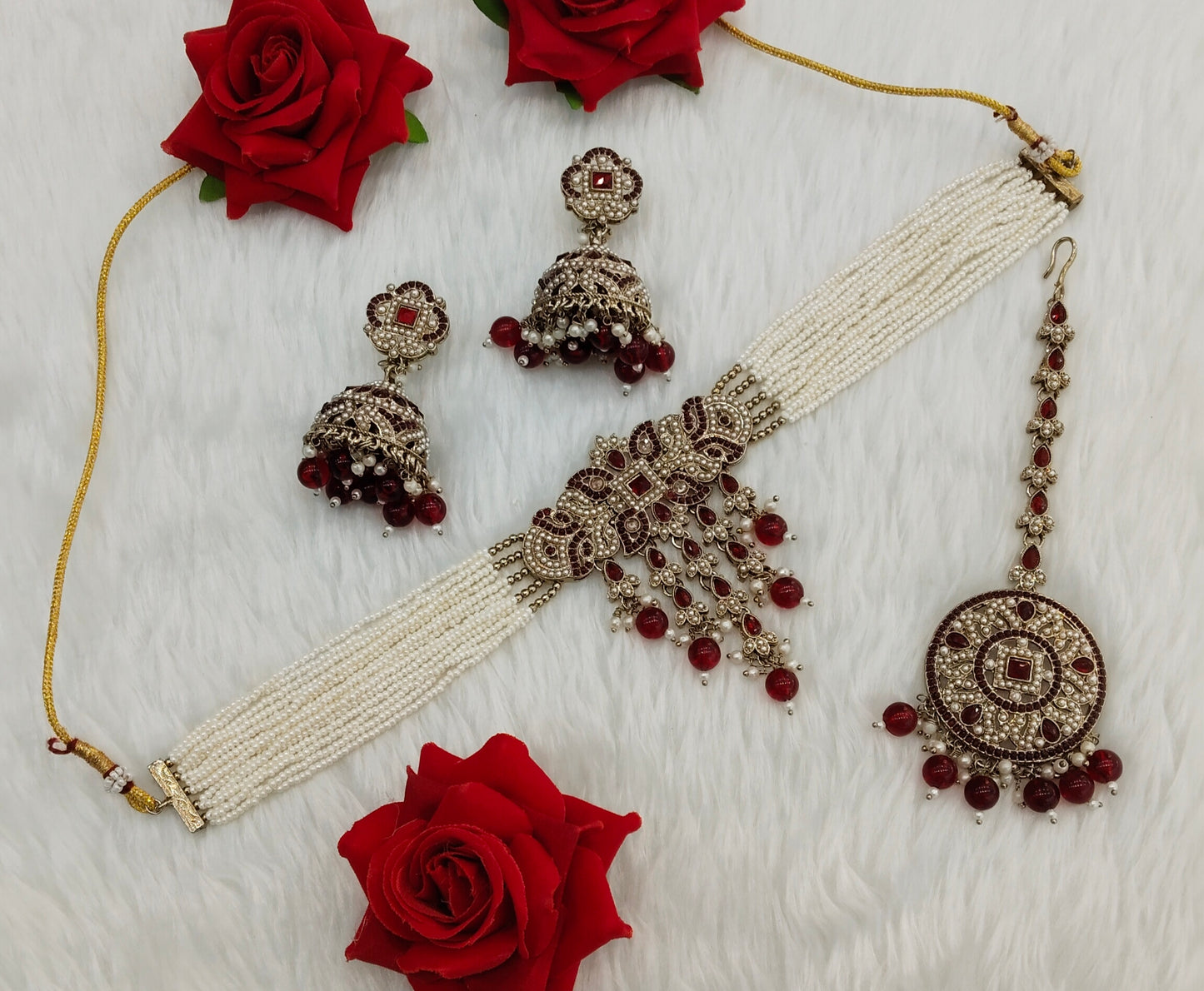 Maroon Antique Gold Choker Jewellery Bablu Set