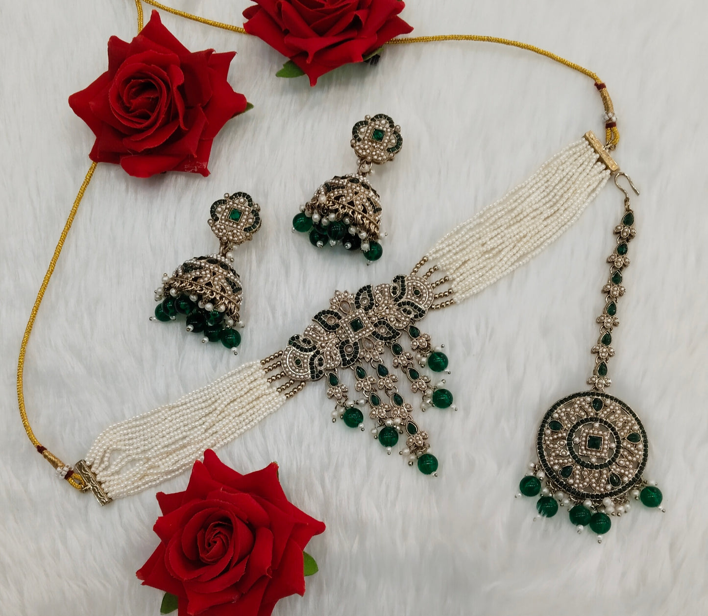 Green Antique Gold Choker Jewellery Bablu Set