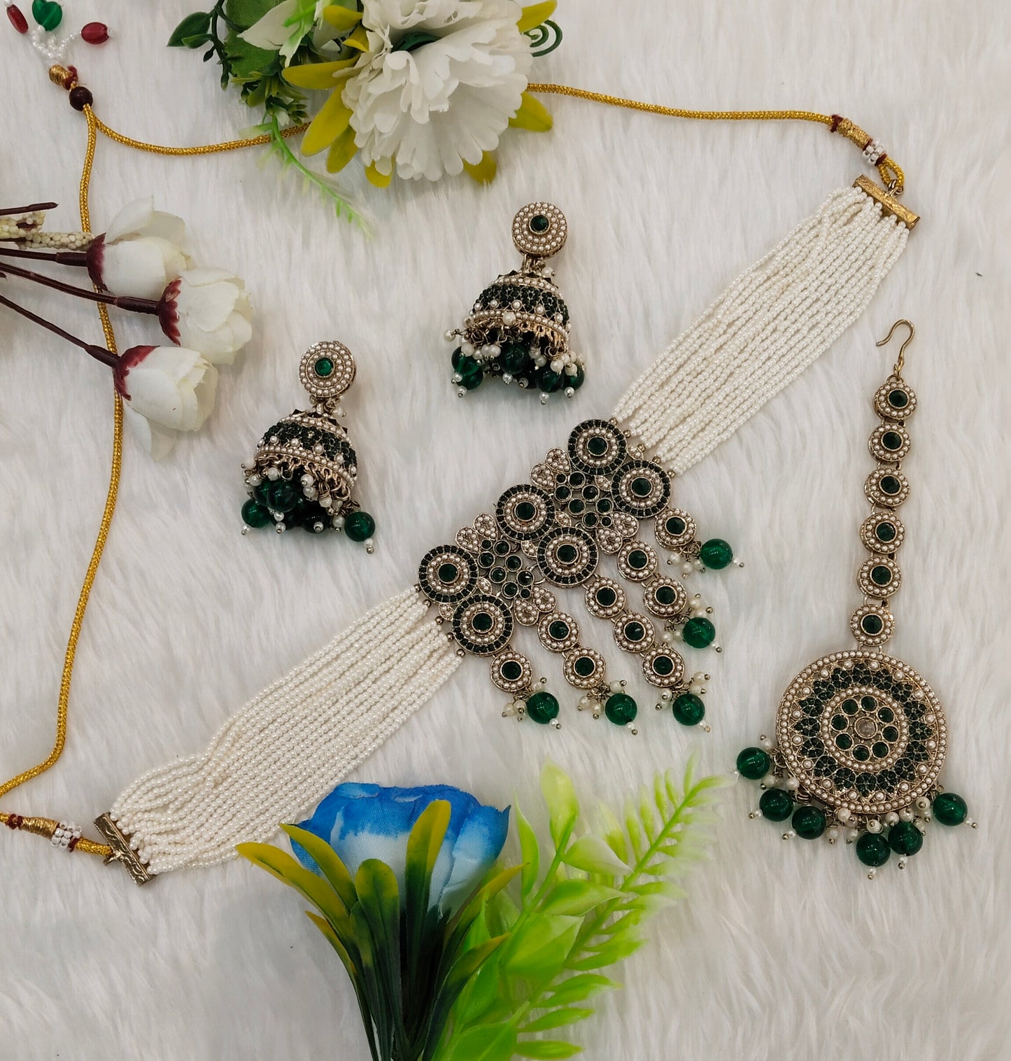 Green Antique Gold Choker Jewellery Babli Set