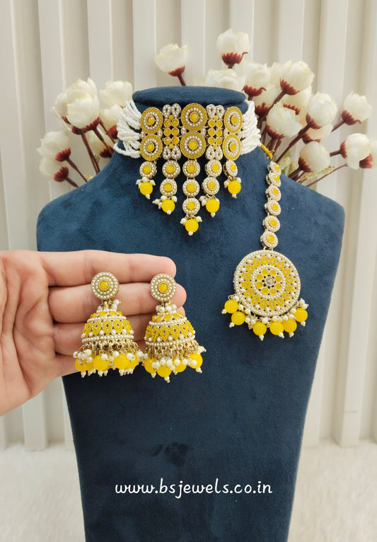 Yellow Antique Gold Choker Jewellery Babli Set