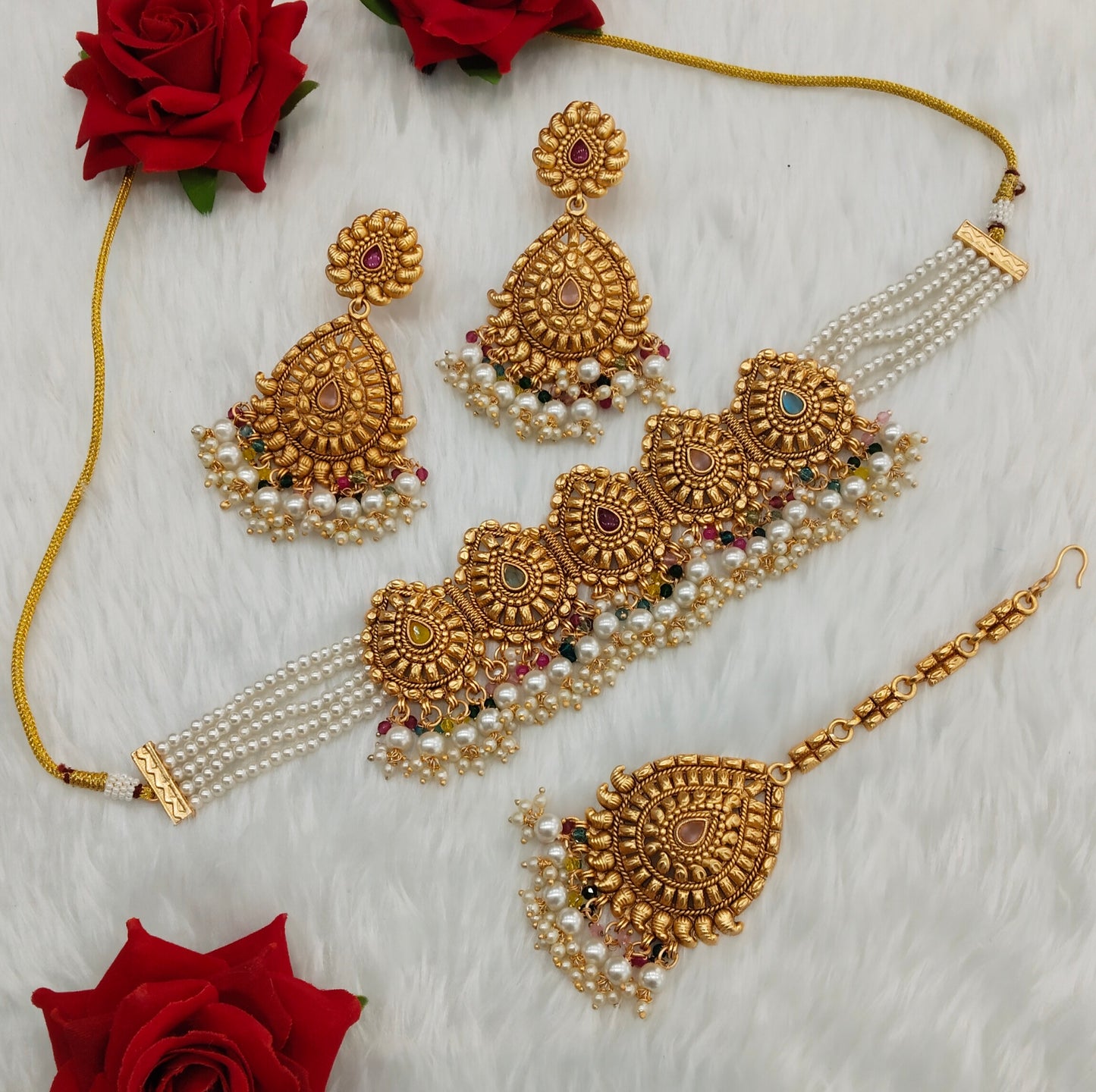 Multi Color Gold Polki Punjabi Choker Birpal set