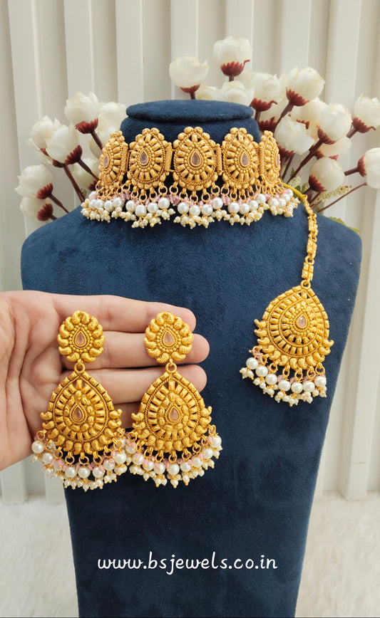 Pink Gold Polki Punjabi Choker Birpal set