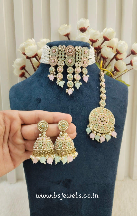 Mint Pink Antique Gold Choker Jewellery Babli Set