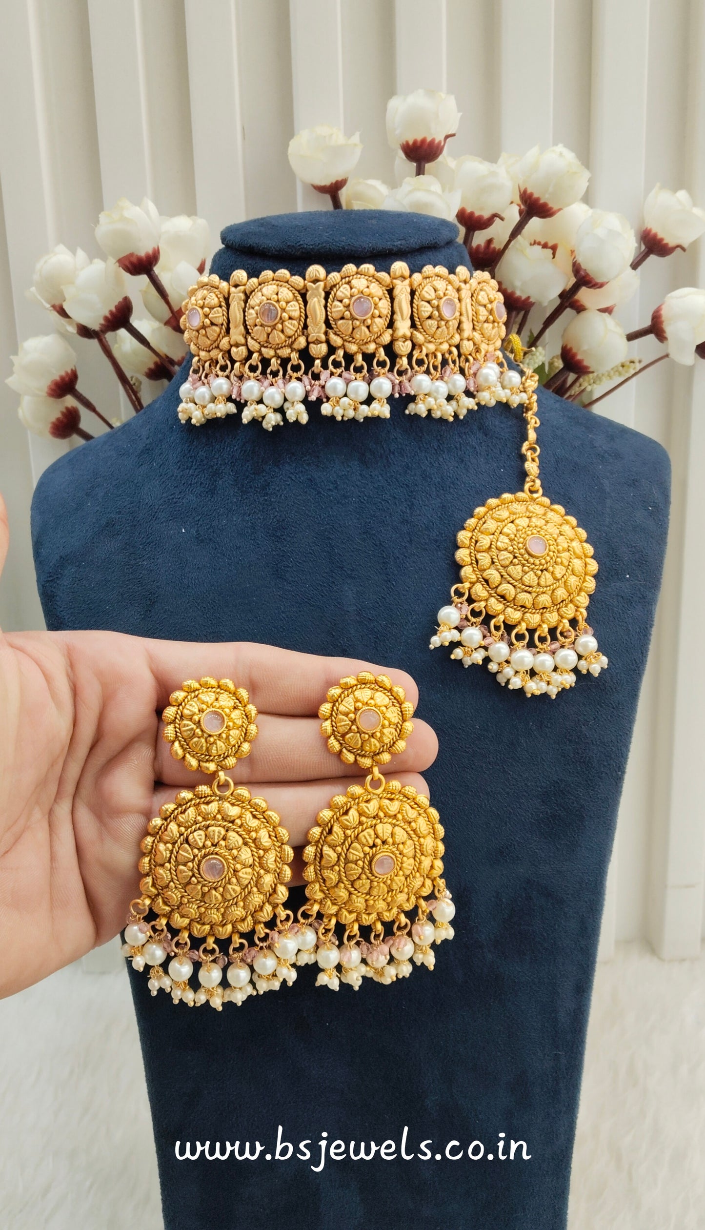 Pink Gold Polki Punjabi choker Birpal set