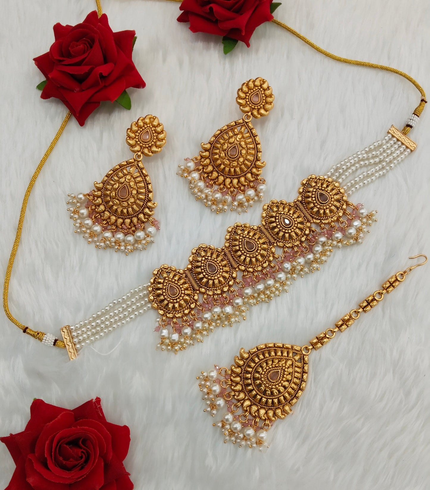 Pink Gold Polki Punjabi Choker Birpal set