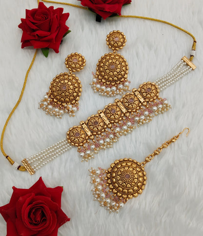 Pink Gold Polki Punjabi choker Birpal set