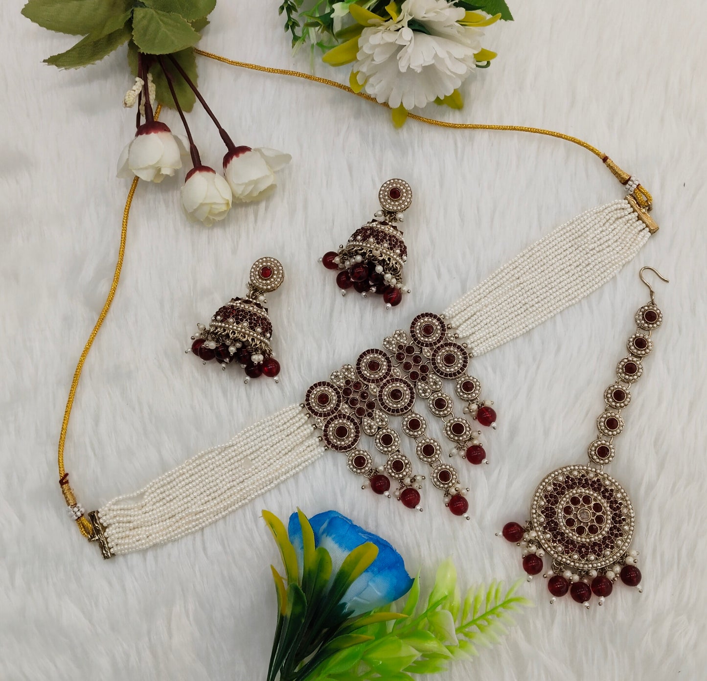 Maroon Antique Gold Choker Jewellery Babli Set