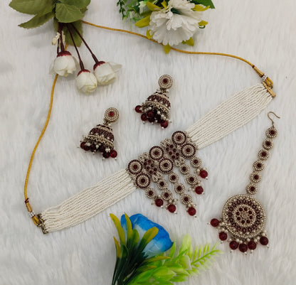 Maroon Antique Gold Choker Jewellery Babli Set