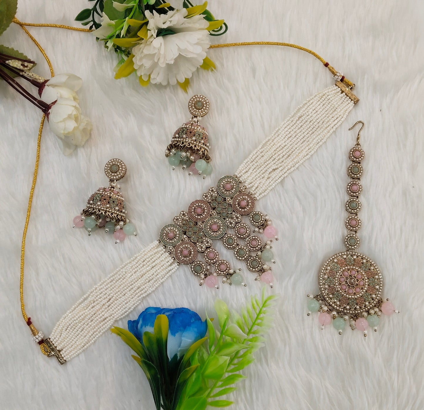 Mint Pink Antique Gold Choker Jewellery Babli Set