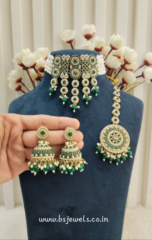 Green Antique Gold Choker Jewellery Babli Set
