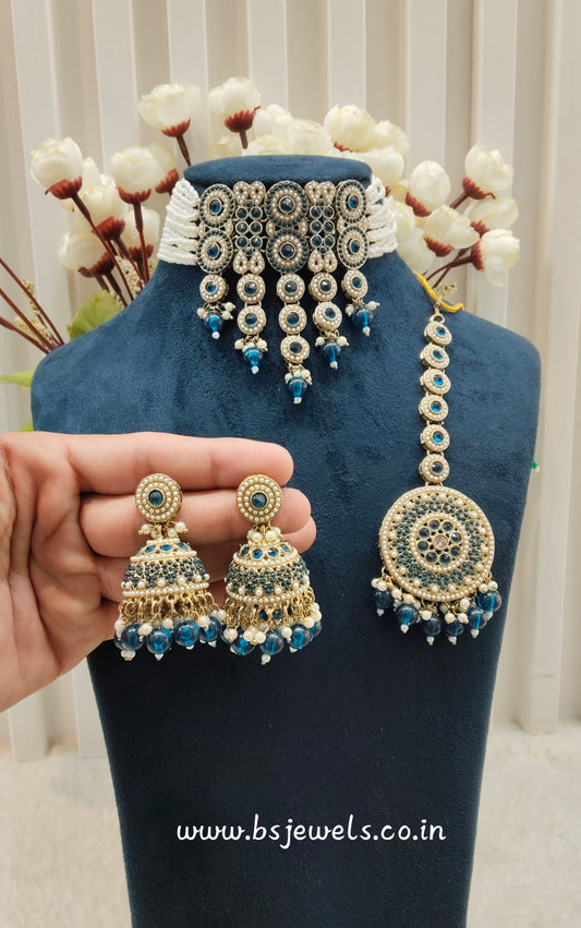Blue Antique Gold Choker Jewellery Babli Set