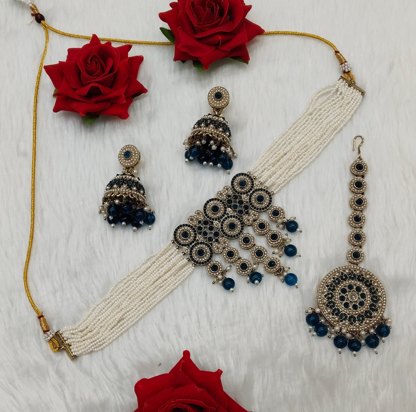 Blue Antique Gold Choker Jewellery Babli Set