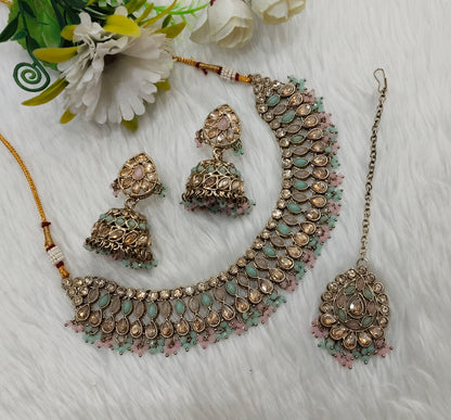 Mint Pink Antique Gold Necklace Jewellery Gora Set