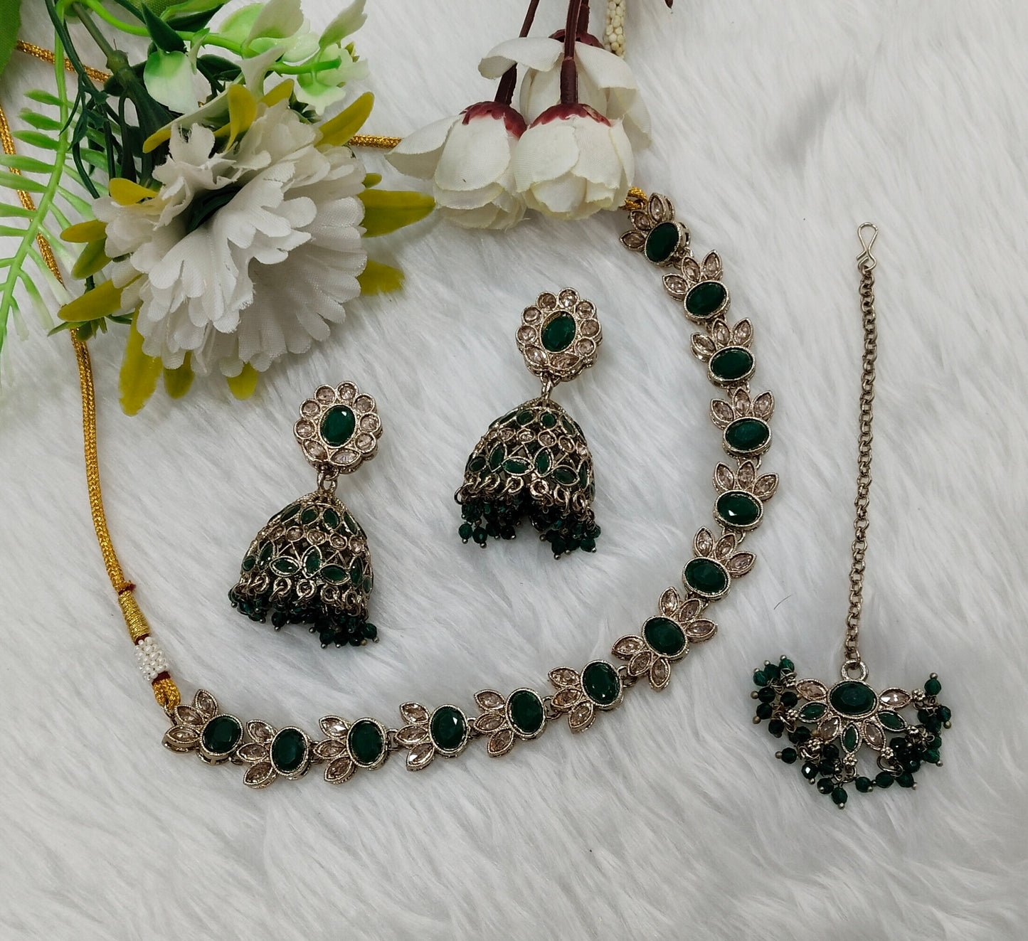 Green Antique Gold Necklace Jewellery Mandeep Set
