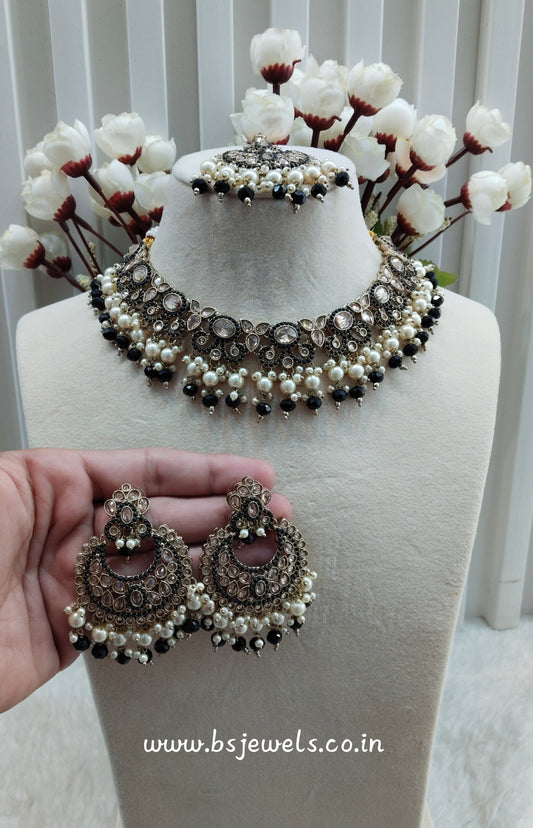 Black Antique Gold Necklace Jewellery Mangu Set