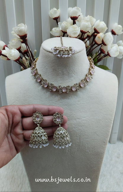 Pink Antique Gold Necklace Jewellery Mandeep Set