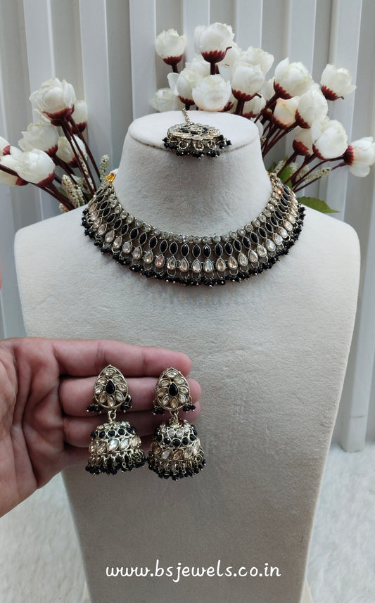 Black Antique Gold Necklace Jewellery Gora Set