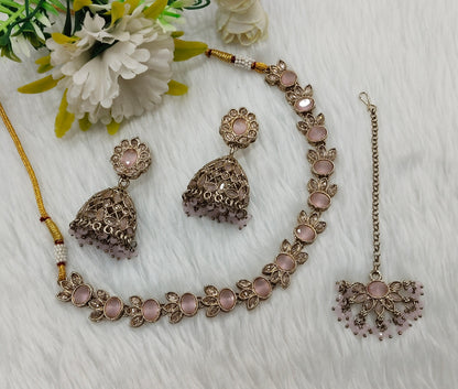 Pink Antique Gold Necklace Jewellery Mandeep Set