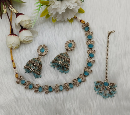 Sky Blue Antique Gold Necklace Jewellery Mandeep Set