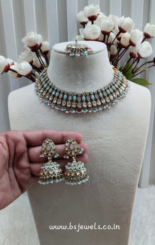 Mint Pink Antique Gold Necklace Jewellery Gora Set