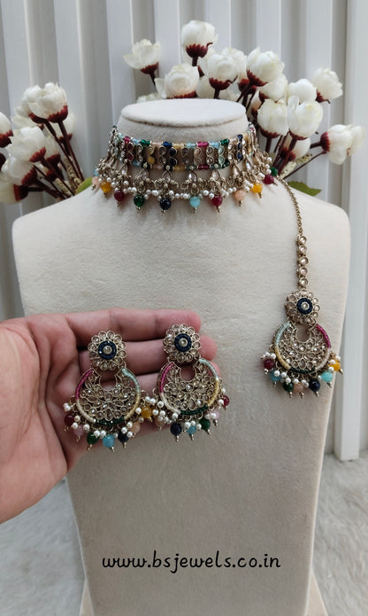Multi color Antique Gold Choker Jewellery Rami Set