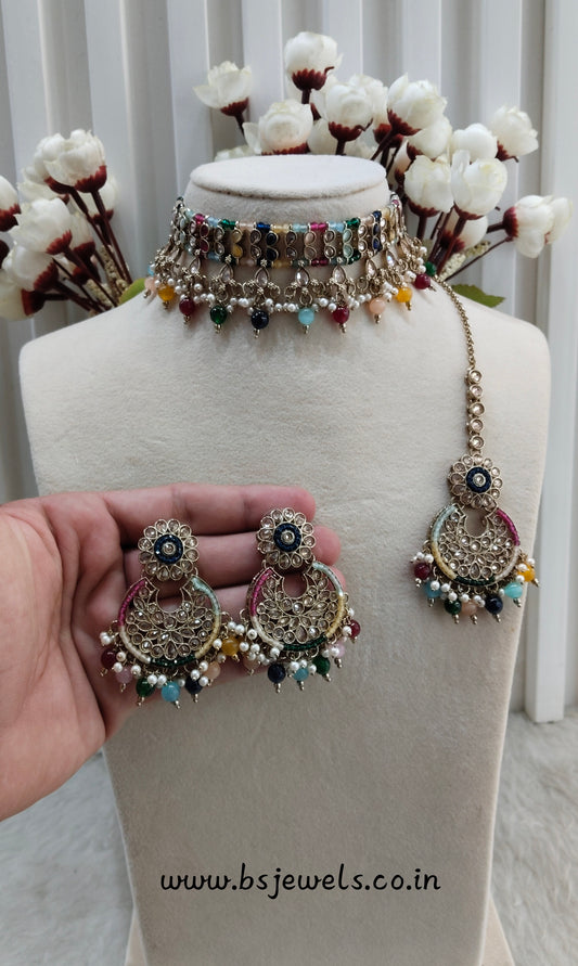 Multi color Antique Gold Choker Jewellery Rami Set