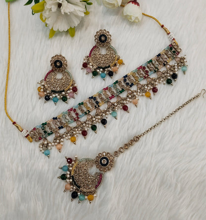 Multi color Antique Gold Choker Jewellery Rami Set