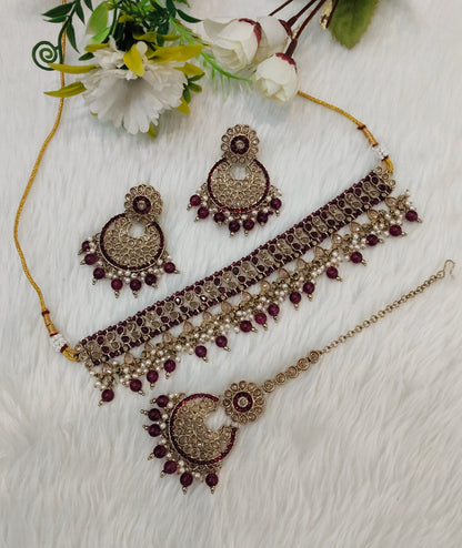 Purple Antique Gold Choker Jewellery Rami Set