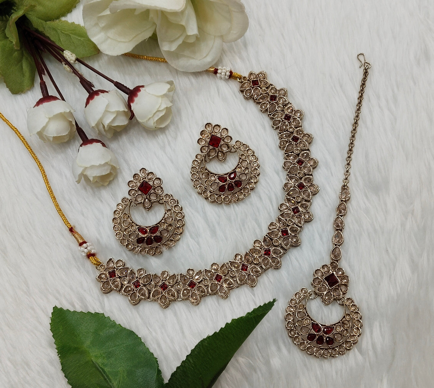 Maroon Antique Gold Necklace Jewellery Race Set