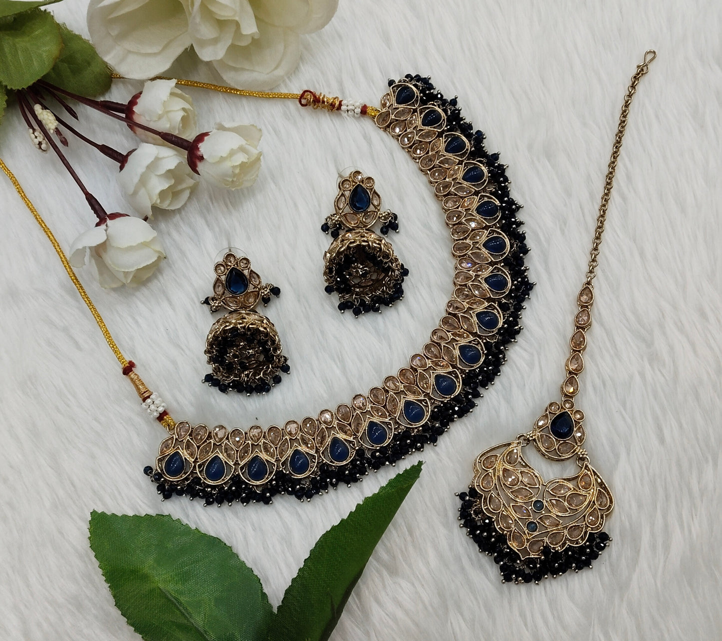 Blue Antique Gold Necklace Jewellery Topply Set