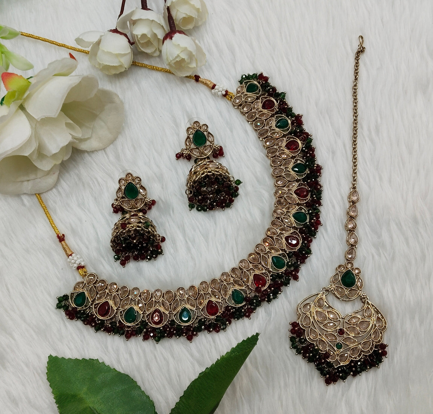 Ruby Green Antique Gold Necklace Jewellery Topply Set