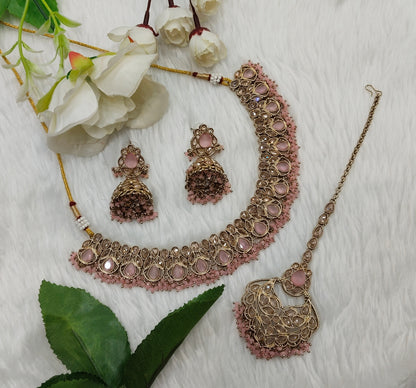 Pink Antique Gold Necklace Jewellery Topply Set