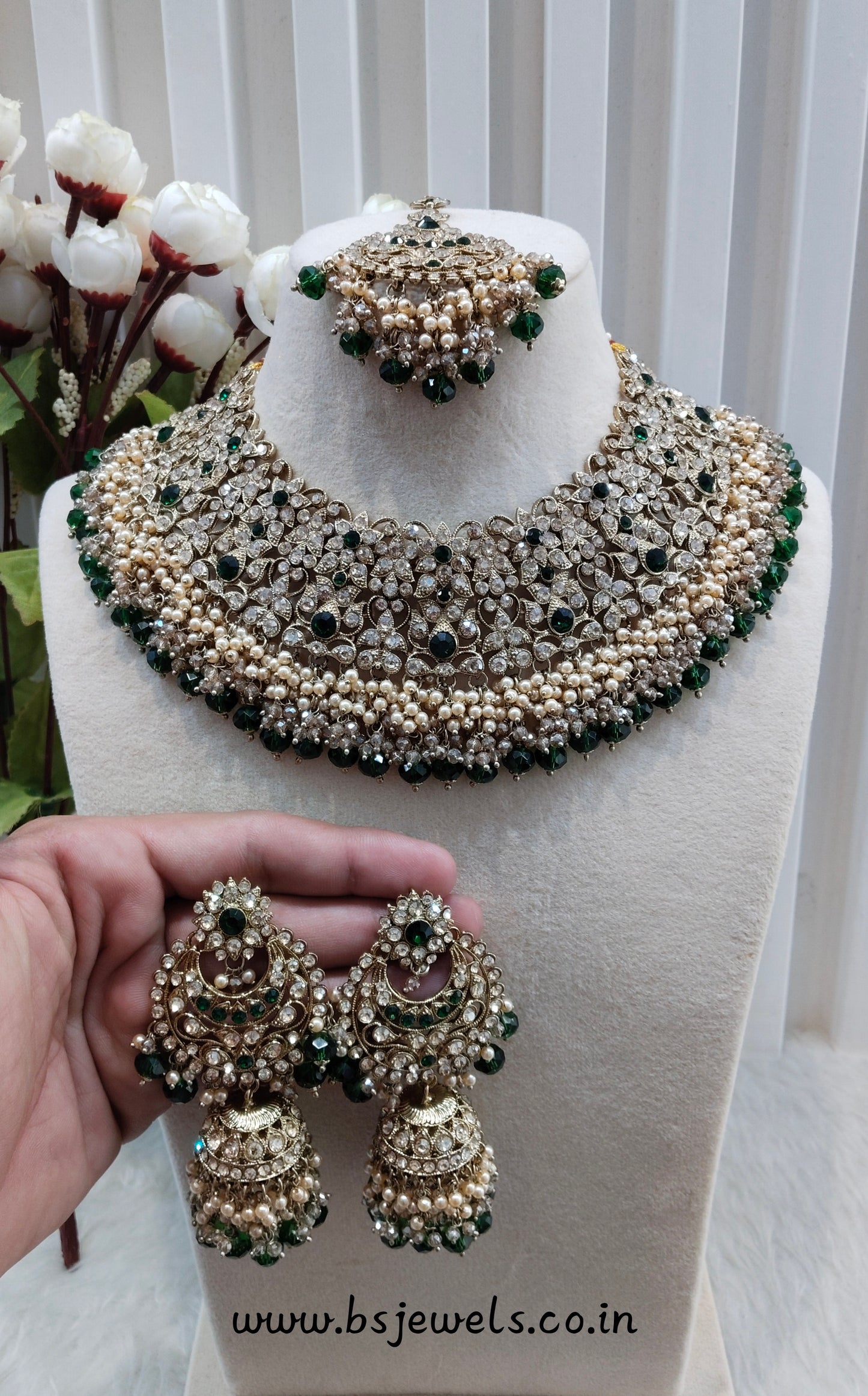 Green Antique Gold Necklace Jewellery Rcb Set