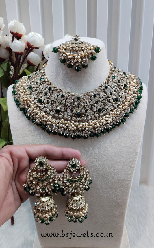 Green Antique Gold Necklace Jewellery Rcb Set