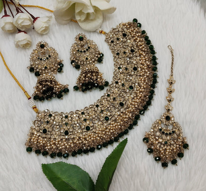 Green Antique Gold Necklace Jewellery Rcb Set